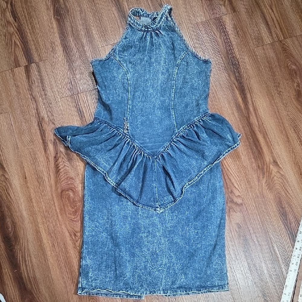 Vintage Rebecca B Blue Denim Halter Dress With Peplum And Button Details